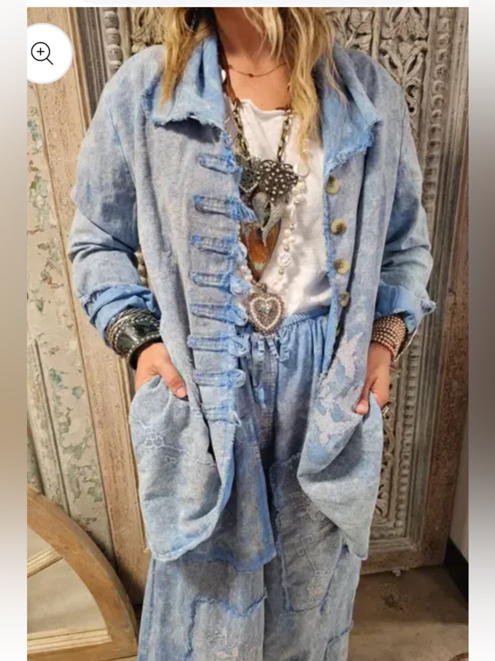 A Rare Bird Boho Distressed Button-Front Shirt Jacket blue birdie cross stitch